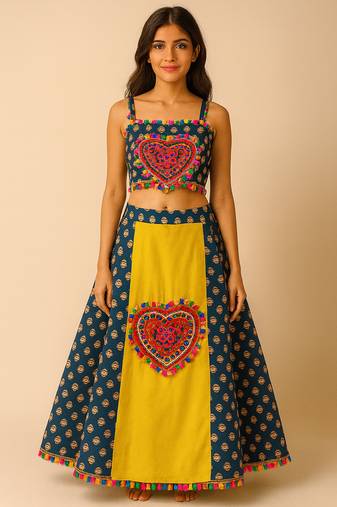 Navratri Blue Cotton kurta set for womens-Free Size