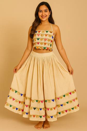 Navratri Cream Rayon lehenga set for womens-Free Size