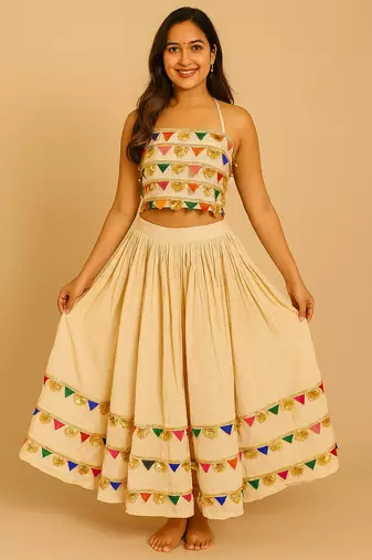 Navratri Cream Rayon lehenga set for womens-Free Size