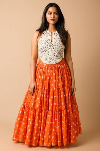 Navratri Orange Crepe Mirror Work Lehenga Set for womens-Free Size