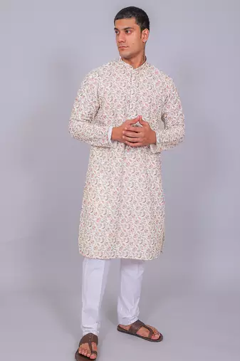 Bluesaanchi men's chikankari threadwork & sequin kurta set – white