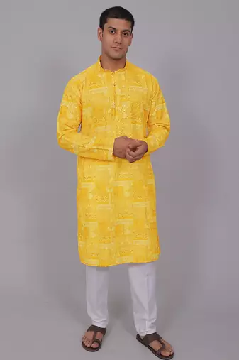 Bluesaanchi men's chikankari threadwork & sequin kurta set –light  yellow