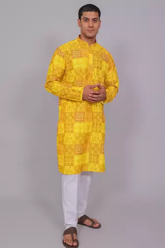 Bluesaanchi men's chikankari threadwork & sequin kurta set –dark  yellow