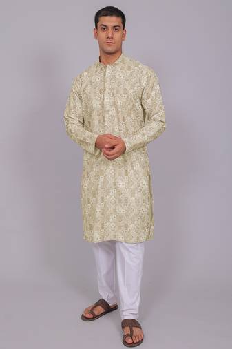 Bluesaanchi men's chikankari threadwork & sequin kurta set – olive green
