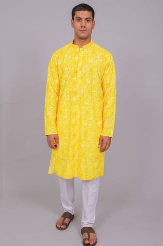 Bluesaanchi men's chikankari threadwork & sequin kurta set –yellow