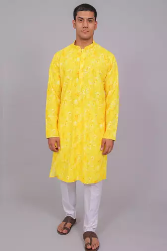 Bluesaanchi men's chikankari threadwork & sequin kurta set –yellow