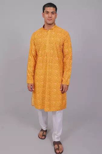 Bluesaanchi men's chikankari threadwork & sequin kurta set –yellow pink