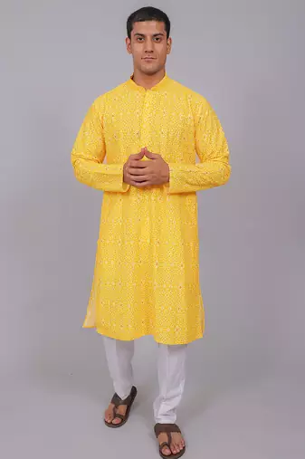 Bluesaanchi men's chikankari threadwork & sequin kurta set –yellow