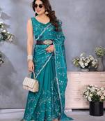 Elegant Teal Embroidered Jimmy Chu Saree with Rich Lace Work
