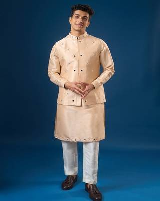 Peach mirror embroidered silk nehru jacket set 1