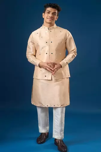 Peach mirror embroidered silk nehru jacket set