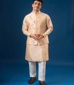 Peach mirror embroidered silk nehru jacket set