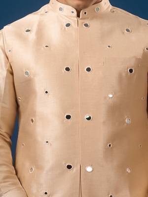 Peach mirror embroidered silk nehru jacket set 2