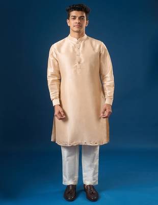 Peach mirror embroidered silk nehru jacket set 4
