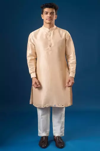 Peach mirror embroidered silk nehru jacket set