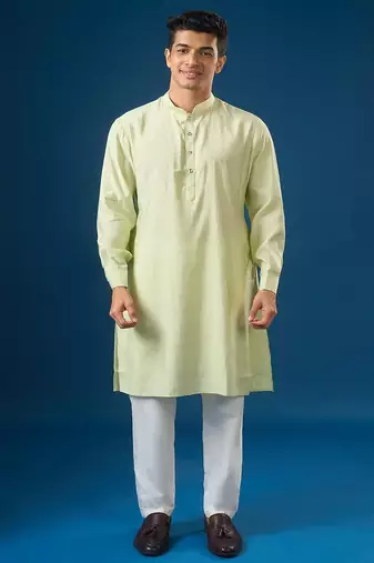 Green embroidered cotton silk nehru jacket set