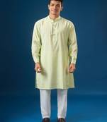 Green embroidered cotton silk nehru jacket set