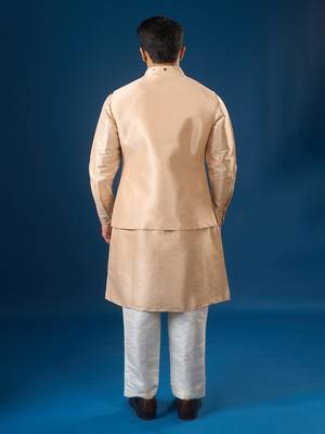 Peach mirror embroidered silk nehru jacket set 5