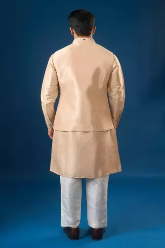 Peach mirror embroidered silk nehru jacket set