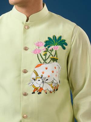 Green embroidered cotton silk nehru jacket set 3