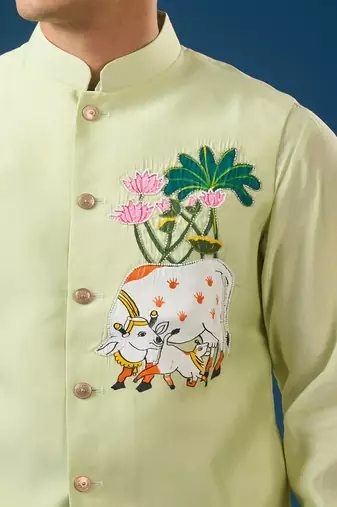 Green embroidered cotton silk nehru jacket set