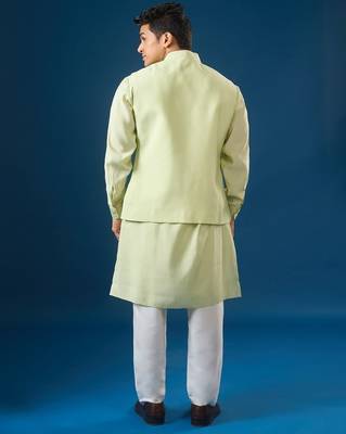 Green embroidered cotton silk nehru jacket set 4