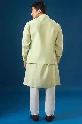 Green embroidered cotton silk nehru jacket set