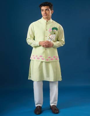 Green embroidered cotton silk nehru jacket set 5