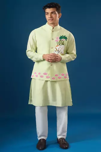 Green embroidered cotton silk nehru jacket set