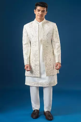 White embroidered silk jacket set