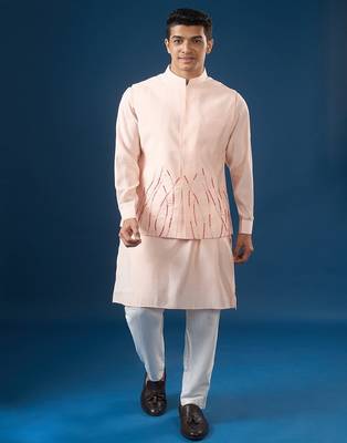 Pink embroidered cotton silk nehru jacket set 1