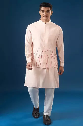 Pink embroidered cotton silk nehru jacket set