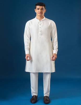 White embroidered cotton silk nehru jacket set 1