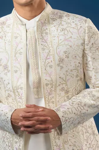 White embroidered silk jacket set