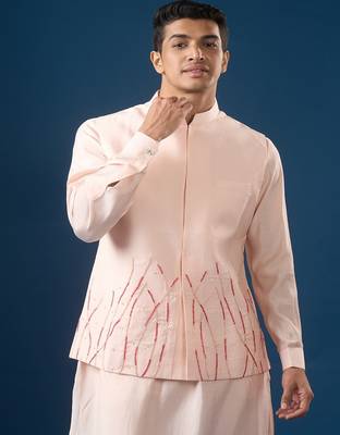 Pink embroidered cotton silk nehru jacket set 3
