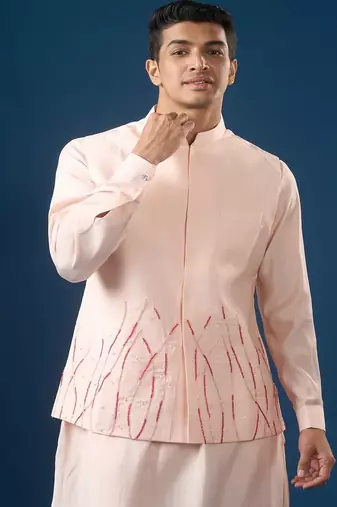 Pink embroidered cotton silk nehru jacket set