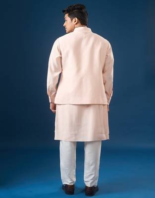 Pink embroidered cotton silk nehru jacket set 4