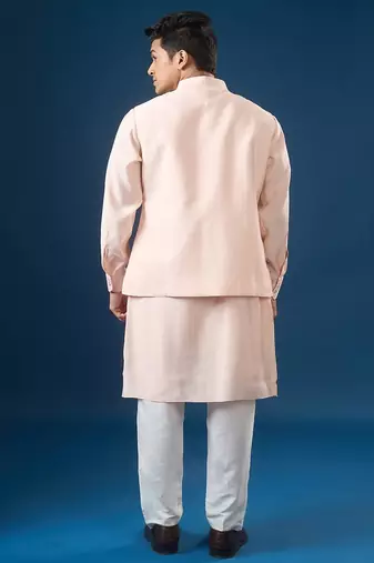 Pink embroidered cotton silk nehru jacket set