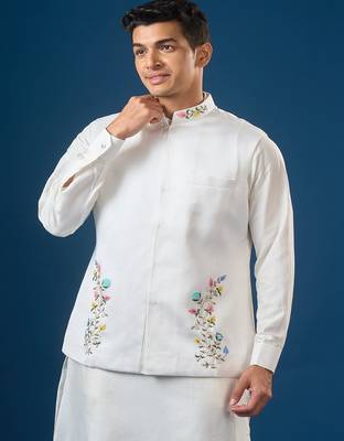 White embroidered cotton silk nehru jacket set 3