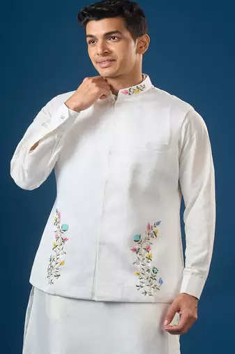 White embroidered cotton silk nehru jacket set