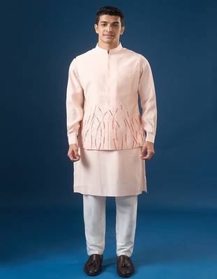 Pink embroidered cotton silk nehru jacket set 5