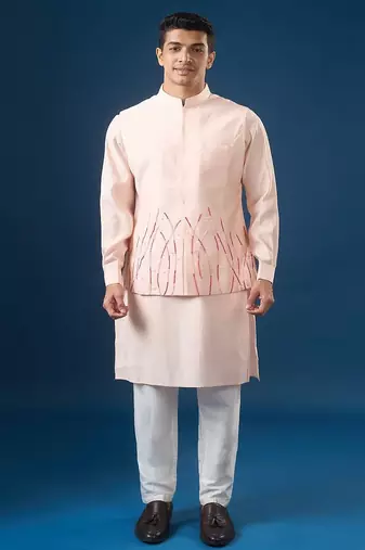 Pink embroidered cotton silk nehru jacket set