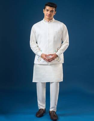 White embroidered cotton silk nehru jacket set 4