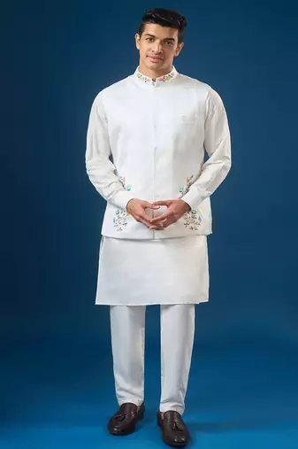White embroidered cotton silk nehru jacket set