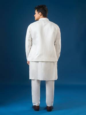 White embroidered cotton silk nehru jacket set 5