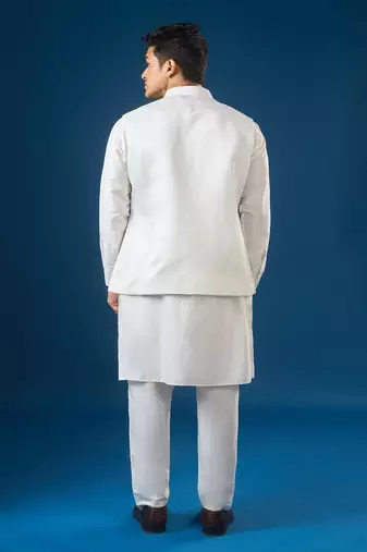 White embroidered cotton silk nehru jacket set