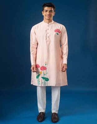 Pink embroidered cotton silk kurta set 1