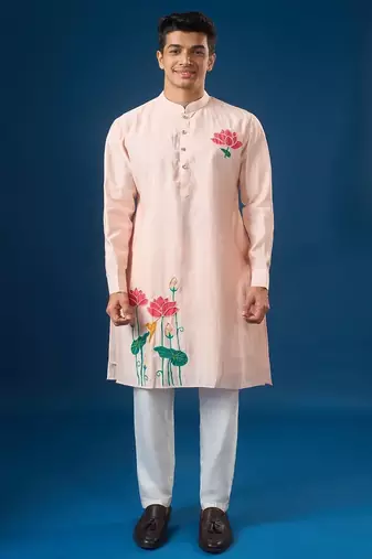 Pink embroidered cotton silk kurta set