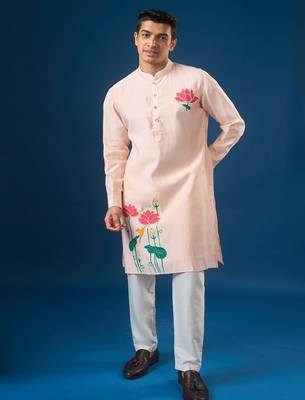 Pink embroidered cotton silk kurta set 2