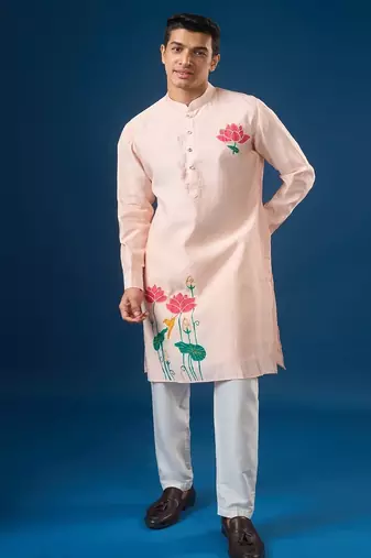Pink embroidered cotton silk kurta set